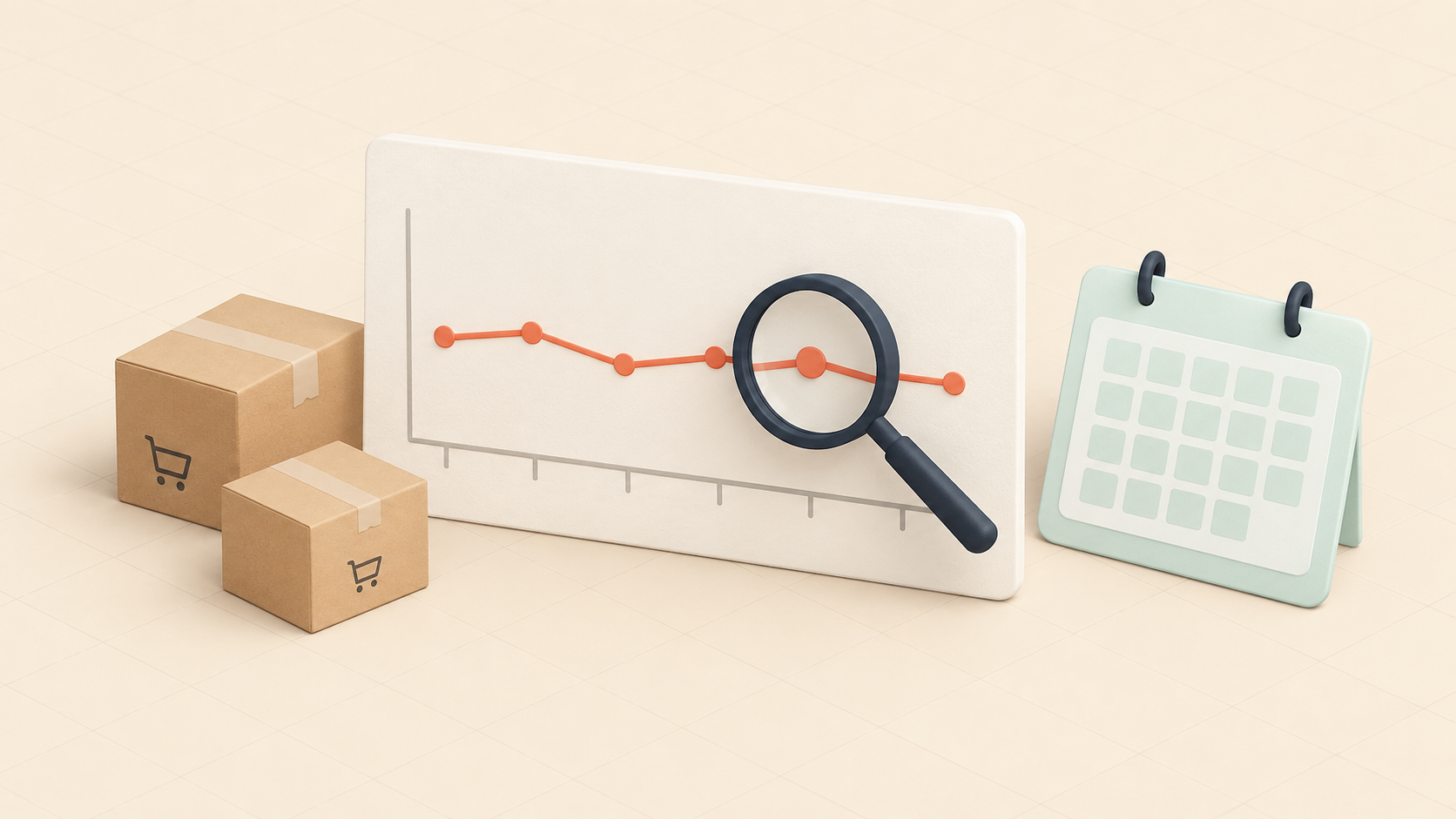 A flat performance chart being examined beside ecommerce shipping boxes.