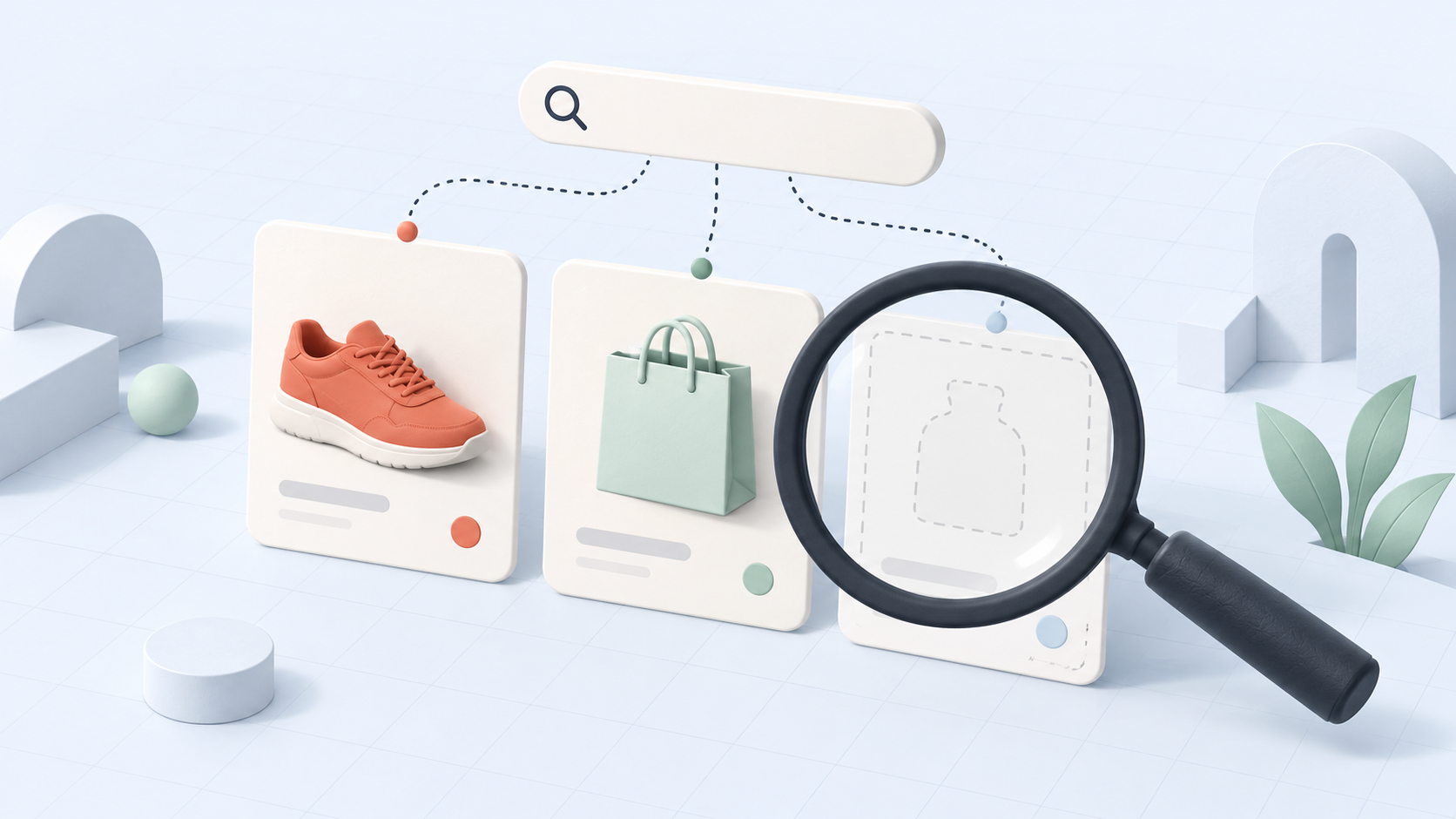 A magnifying glass examining product cards, including a missing item.